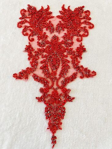 Handmade Rhinestones lace Appliques sew on Beads Trim Patches for Dress Clothing Accessories (Red) in Saudi Arabia
