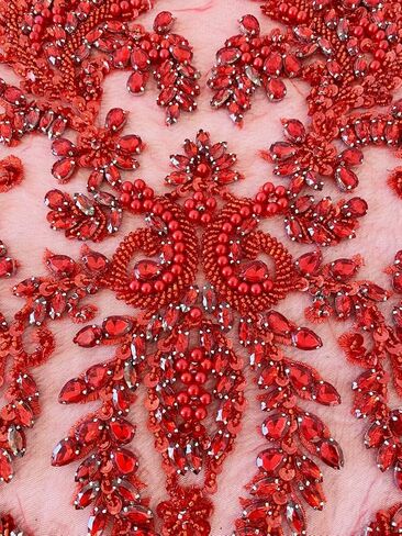 Handmade Rhinestones lace Appliques sew on Beads Trim Patches for Dress Clothing Accessories (Red) in Saudi Arabia