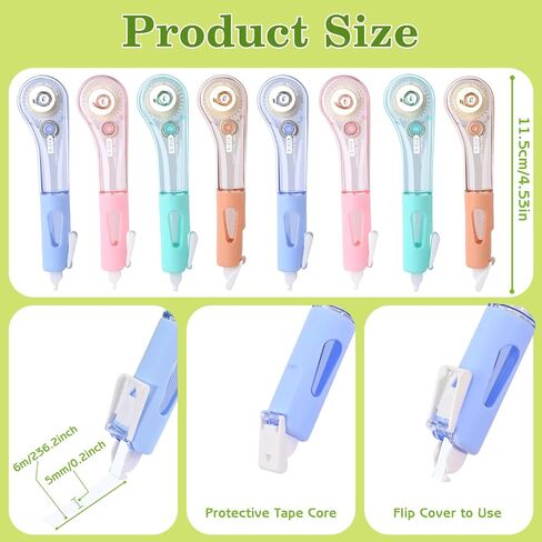 8 Pcs White Out Tape Pens, Aesthetic Correction Whiteout Tape, Comfortable Pen Shaped for Instant Corrections, Easy to Use Applicator for School Office Supplies, 6M/256" X 0.2" (Multicolor) in Kuwait