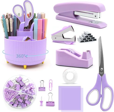 Pink Desk Accessories, UPIHO Rotating Pen Holder Set,Pink Office Supplies with Pink Stapler and Tape Dispenser Set, Gifts for Office Clerks,Student in Saudi Arabia