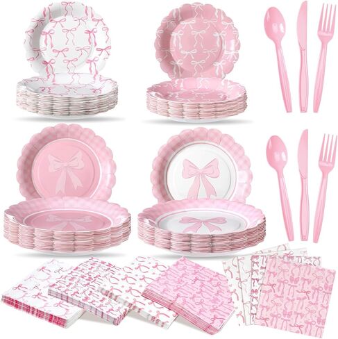 350Pcs Pink Bow Party Decorations Bow Plates and Napkins Birthday Party Supplies for Girl Bachelorette Bridal Wedding Engagement Baby Shower Coquette Tableware Serve 50 Guest (Scalloped Edge) in Kuwait