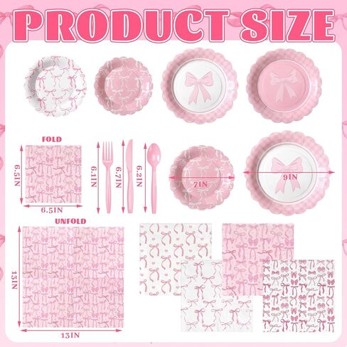 350Pcs Pink Bow Party Decorations Bow Plates and Napkins Birthday Party Supplies for Girl Bachelorette Bridal Wedding Engagement Baby Shower Coquette Tableware Serve 50 Guest (Scalloped Edge) in Kuwait