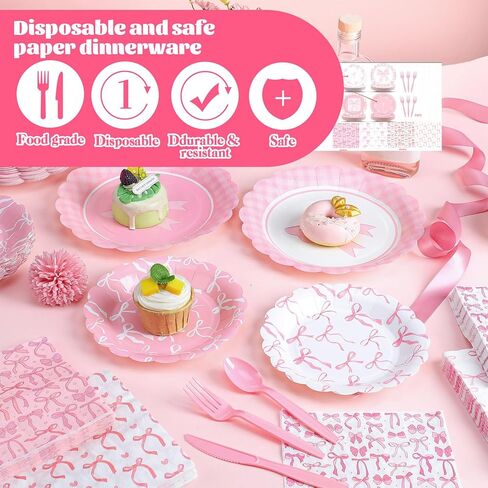 350Pcs Pink Bow Party Decorations Bow Plates and Napkins Birthday Party Supplies for Girl Bachelorette Bridal Wedding Engagement Baby Shower Coquette Tableware Serve 50 Guest (Scalloped Edge) in Kuwait