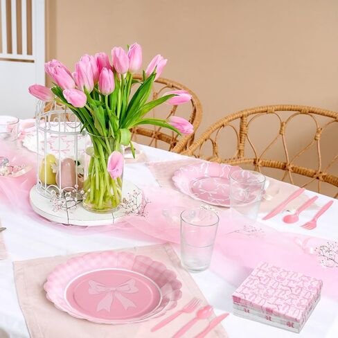 350Pcs Pink Bow Party Decorations Bow Plates and Napkins Birthday Party Supplies for Girl Bachelorette Bridal Wedding Engagement Baby Shower Coquette Tableware Serve 50 Guest (Scalloped Edge) in Kuwait