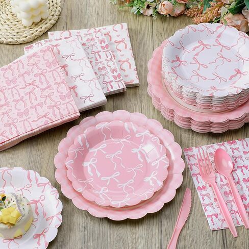 350Pcs Pink Bow Party Decorations Bow Plates and Napkins Birthday Party Supplies for Girl Bachelorette Bridal Wedding Engagement Baby Shower Coquette Tableware Serve 50 Guest (Scalloped Edge) in Kuwait