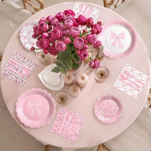 350Pcs Pink Bow Party Decorations Bow Plates and Napkins Birthday Party Supplies for Girl Bachelorette Bridal Wedding Engagement Baby Shower Coquette Tableware Serve 50 Guest (Scalloped Edge) in Kuwait