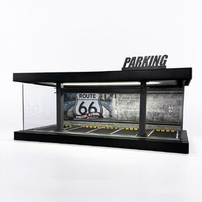 1/64 Scale Die-cast Model Car Display Case with LED Light and Acrylic Cover, Hot Diecast Wheels Parking Garage Dioramas with 9 Parking Spaces (1/64-1T-LM-Rou66)