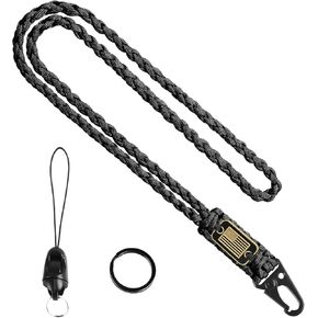 Paracord Lanyard, Black Lanyard for Keys with USA Flag, Heavy Duty Keychain Lanyard for Men, Long Braided Landyard for Keys, Wallets, Camera, Whistle, Outdoor Activities (Black)