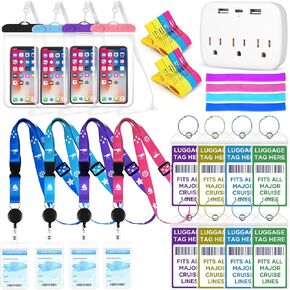 يجب أن تتضمن مجموعة Cruise Essentials مجموعة علامات الأمتعة في الرحلات البحرية ، و Cruise Lanyards ، و Cruise Power Strip ، وشرائط المناشف والمقاطع ، وأكياس الهاتف المقاومة للماء لجميع خطوط الرحلات البحرية