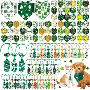 Reginary 108 Pcs St. Patrick's Day Dog Bandanas Neck Ties Set Washable Adjustable Kerchief Scarf and Neck Tie Bulk Green Shamrock Triangle Dog Pet Costume Bibs for Medium Small Holiday Favors