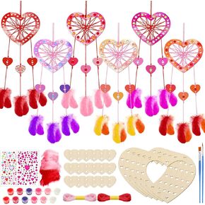 Briwooody 30 Sets Heart Dream Catcher Craft Kit for Kids Paint You Own Love Heart Dream Catcher Bulk DIY Coloring Valentine's Day Wooden Art Craft Gifts for Activity Project Valentine's Day Decoration