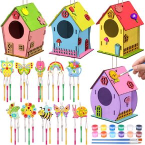 14 Pcs Bird House Crafts Wooden Bird Houses to Paint DIY Birdhouse Kit Wood Building Projects Activities Arts and Crafts Kit Includes Paints Brushes Adults Build Craft