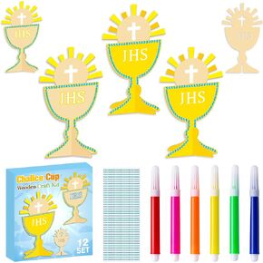 BeYumi Grail Cup Craft Kit - 12Pcs Easter First Communion Grail Cup Craft Kit Make Your Own 3D Wooden Chalice Set Faith Church Sunday School DIY Arts First Holy Communion Party Gifts Supplies for Kids
