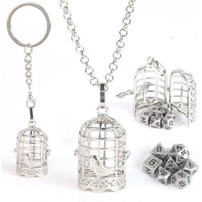 Mini Metal DND Dice Set with Exquisite Copper Hollow Bird cage Necklace Dice Case Antique Tiny Metal Dice Set D&D Keychain Portable 7PCS Dice Set