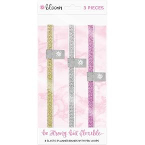 bloom daily planners Elastic Planner Bands with Pen Holder Loop - Set of 3 Stretchy Closure Bands/Bookmarks for Planners, Journals, Notebooks & More - Gold, Pink, Silver