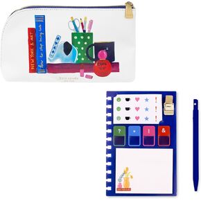 kate spade new york Zipper Pouch Filled with Planner Stickers and Accessories, Set Includes Notepad, Sticker Tabs, Black Ink Pen and Holder, Vegan Leather Accessory Bag, Charmed Library