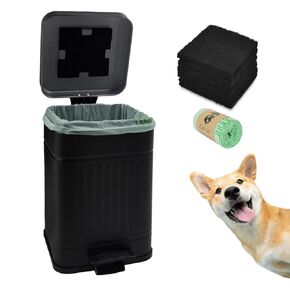 Dog Poop Trash Can for Outdoors Dog Waste Station with Lid Hands-Free Pedal 1 Gallon Container Home Kitchen with 1 Roll 50PCS Biodegradable Bag & 6 Activated Carbon Filter T-5L-F-B