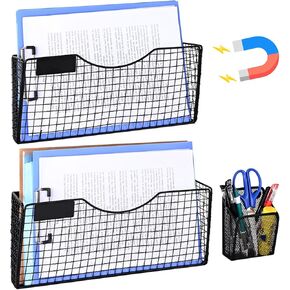 Magnetic File Holder, 2Pcs Black Magnetic Hanging File Organizer, No Drilling File Paper Mail Organizer, Magazine Paper Document Holder for File Cabinets, Classroom, Office, Whiteboard