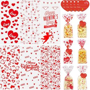 AouEtnay 120 Pieces Valentines Cellophane Treat Bags Valentines Day Candy Bags, 6 Assorted Styles Valentine Treat Bags with Cards Ties for Valentine's Day Party Favor Supplies