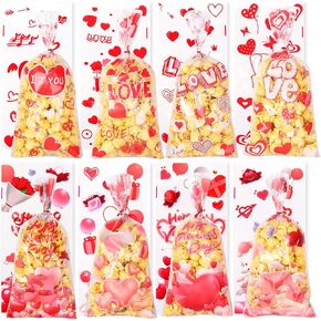 Lanfixilly Valentine Cellophane Treat Bags, 160 PCS Valentines Candy Bags, Valentines Treat Bags, 8 Styles Valentine Goodie Bags Gifts Bags with Twist Ties for Valentine's Day Party Favor Supplies