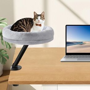 Cat Desk Bed - أرجوحة قطة لتوفير الفضاء مع دوران 360 درجة ، ناعمة ومريحة للمكتب المنزلي والعمل البعيد ، قابلة للغسل في الآلة (رمادي)