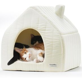 FUKUMARU Cat Beds for Indoor Cats, 2 in 1 Cat Cave with Removable Washable Cushion, 17.7 inches Warm Cat House, Enclosed Cat Hideaway with Anti-Slip Bottom, Supportive Cat Tent