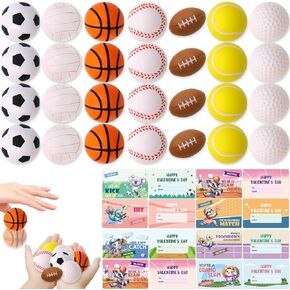 Sports Stress Balls Valentines Cards Kids Classroom Exchange Gifts Bulk Baseball Football Basketball Valentine’s Party Favors Prizes Goodie Bag Stuffers 28Pack