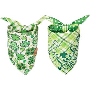 CROWNED BEAUTY St Patricks Day Dog Bandanas Reversible Large 2 Pack, Lucky & Blessed Set, Green Dots Plaid Adjustable Triangle Holiday Scarves for Medium Large Extra Large Dogs Boy Girl Pets DB159-L