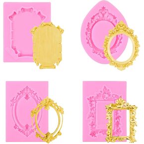 4 Pcs Picture Frame Mold, Baroque Style Fondant Molds, Pink Silicone Frame Mold Polymer Clay Molds for Chocolate Candy Cupcake Topper Cake Decoration Polymer Clay(Pink)