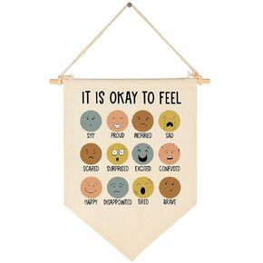 It is Okay to Feel-Mental Health-Canvas Hanging Pennant Flag Banner Wall Sign Decor Gift for Classroom Nursery Bedroom Playroom Game Room Front Door Baby Kids Girl Boy Girl-Birthday Christmas Gift