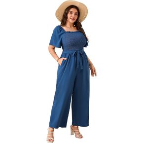 KOJOOIN Plus Size Casual Jumpsuits for Women Outfits Tie Belt Bell Sleeve Smocked Beach Wide Leg Floral Jumpsuits