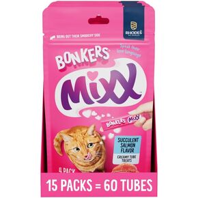 Bonkers Mixx, Wet Lickable Tube Succulent Salmon Flavored Cat Treats, Cat Treats, Treats for Training, for All Breeds and Ages, Food Topper (15 Pack, 60 Tubes)