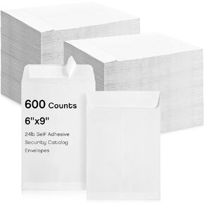 Fuutreo 600 Counts 6 x 9 Inch Self Adhesive Security Catalog Envelopes Catalog Mailing Envelopes with Adhesive Closure 24lb for Mailing Storage Organizing Home Office (White)