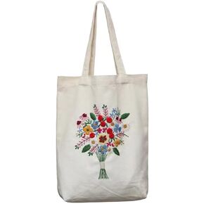 Maydear White Canvas Bag Embroidery Kit with pre-Printed Pattern and Instruction DIY Crafts Supplies Embroidery Starter kit for Adults (Flowers)