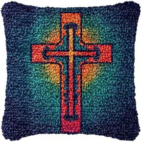 Religion Cross Latch Hook Pillow Cover Kits for DIY Handmade Throw Pillow Cross Stitch Latch Hook Pillowcase Rug Kits with Preprinted Color Pattern Canvas Crochet Yarn Kits 17''X 17''(y141)