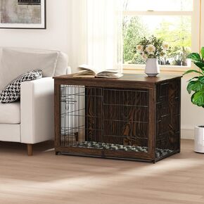 Megidok Wooden Dog Crate Furniture with Cushion, Dog Crate End Table with Tray, Double Doors Dog Crate(L:37" L*25" W*26" H, Rustic Style)