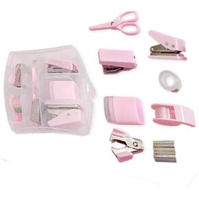 Mini Office Supply Kits Mini School Supplies – Includes Scissors, Mini Stapler,Tape Dispenser,Hole Puncher,Staples Mini Desktop Stapler with Portable Case for Office School Supplies & DIY (Pink)