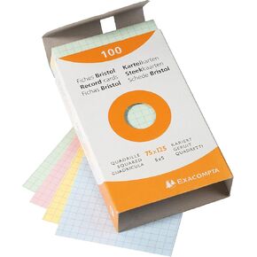 Exacompta Bristol Squared Record Cards, 75 x 125 mm - Assorted Colours, Pack of 100