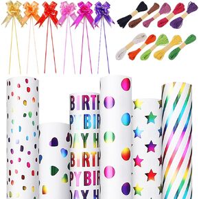VKKSII 6 Rolls Birthday Wrapping Paper Christmas Wrapping Paper Roll with 6 Bows and 10 Bundles Tie Wires, Gift Wrapping Paper Colorful Gold Heart Dots Star Happy Birthday Party Holiday (Birthday)