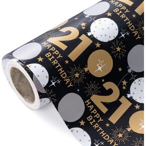 Wrapaholic 21st عيد ميلاد ورق التغليف - لفة صغيرة - 17 بوصة × 33 قدم - تصميم بالون ذهبي أسود لعيد الميلاد ، حفلة ، عطلة