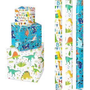 VJAIHOA Happy Birthday Dinosaur Wrapping Paper 3 Rolls - 17 Inch X 120 Inch Per Roll,Packing Paper,Gift Wrapping Paper,Dinosaur Party Favor Happy Bday Wrap,Birthday Wrapping Paper for Girls,Boys,Holiday,Kids,Birthday, Baby Shower