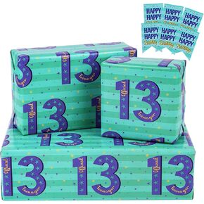 RUSPEPA Birthday Wrapping Paper Sheets with Gift Tags for Teenager Boys' Birthday Gift Wrap, 6 Fold on Sheets Each Set, 27 inches x 19 inches, Age 13