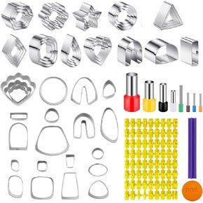 GCRWVS 60 Pcs Clay Tools Set,Polymer Clay Earring Making Kit, 51 Shapes Stainless Steel Clay Cutters with 8 Circle Shape Cutters 1 Clay Letter Stamp Jewelry Making Sculpting Clay (60Pcs)