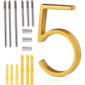Premium 5" Floating Zinc Alloy House Numbers - Gold & Silver Starry Shine Finish, 304 Stainless Steel Screws, Long & Short Options, Unique Floating Shadow Design (Gold Galaxy, Number 5)