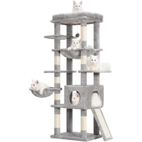 Hey-brother Cat Tree with Large Top Perch and Hammock, 59-Inch Multi-Level Cat Tower for Indoor Cats, Cat Condo with Sisal-Covered Scratching Posts, Light Gray MPJ057W
