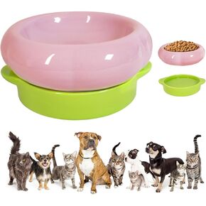 Ceramic Cat Food Bowl Set of 2,Flower Anti Whisker Fatigue Cat Bowls/Dishes,for Wet Dry Food and Water,Cute Kitten Feeding Shallow Bowls,for Indoor Outdoor, Dishwasher Safe, Non-Slip(Pink)