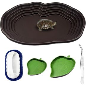 5 PCS Turtle Water Dish with Ramp Tortoise Water Bowls Leaf Shaped Water Food Dish Habitat Reptile Bathing Pool Tortoise Habitat Accessories Suitable for Turtles Horned Frogs Lizards（No Drainage）