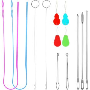13 PCS مجموعة أدوات Threader Threader ، مرنة الرباط خياطة الخياطة الحلقة الصلب المقاوم للصدأ حلقة تيرنر مع إبرة المزلاج ملاقط المعاد