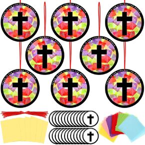 32 Sets Easter Cross Suncatchers Craft Kits DIY Christian Religious Cross Tissue Paper VBS Craft Kit Stained Glass Effect Tissue Paper Kit for Sunday School Resurrection Window Art