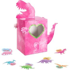 WERNNSAI Valentine Cards Gift Box for Kids - Dinosaur Valentines Mystery Mailbox Pink with 24pcs Girl Valentine Cards DIY Craft Kit Valentine Decor for School Classroom